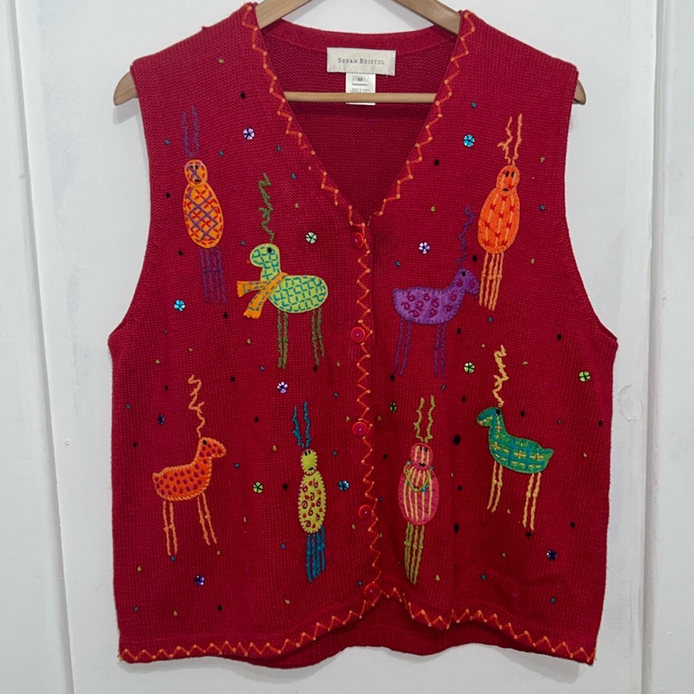 Susan Bristol Red Knit Christmas Holiday Hand Embroidered Reindeer Vest